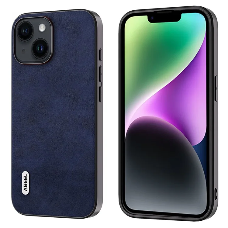 ABEEL Para iPhone 15 Funda de Teléfono de Cuero PU+TPU+PC Textura de Cuero de Vaca Resistente a los Arañazos - Azul