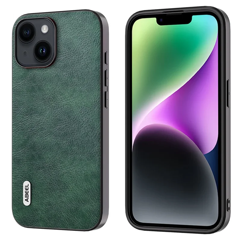 ABEEL For iPhone 14 Plus Shockproof Cover Litchi Texture Leather Coated TPU+PC Protective Phone Case - Green