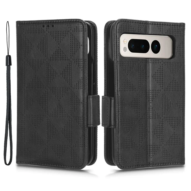 For Google Pixel Fold Phone Cover PU Leather Stand Wallet Imprinted Triangle Cell Phone Case Shell - Black
