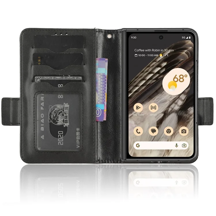 For Google Pixel Fold Phone Cover PU Leather Stand Wallet Imprinted Triangle Cell Phone Case Shell - Black