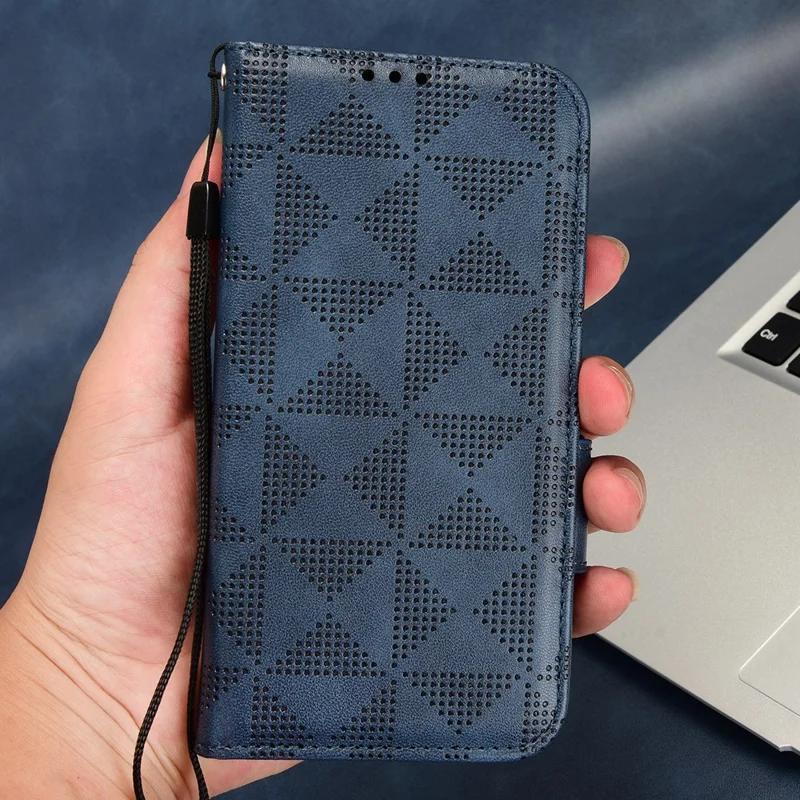 For Google Pixel Fold Phone Cover PU Leather Stand Wallet Imprinted Triangle Cell Phone Case Shell - Blue