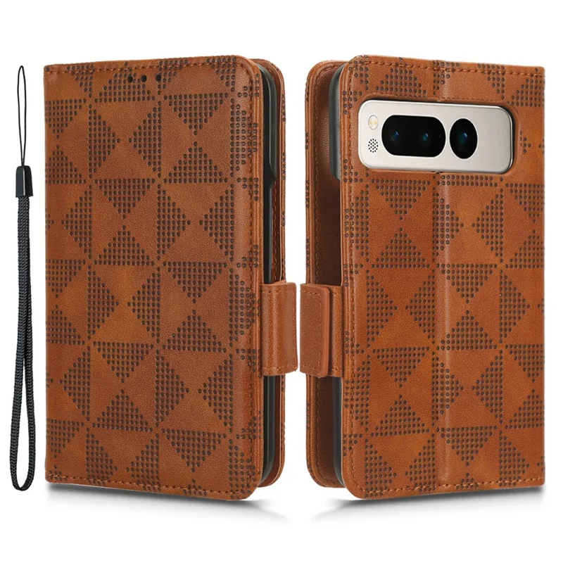For Google Pixel Fold Phone Cover PU Leather Stand Wallet Imprinted Triangle Cell Phone Case Shell - Brown