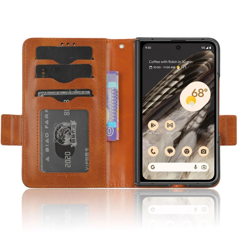 For Google Pixel Fold Phone Cover PU Leather Stand Wallet Imprinted Triangle Cell Phone Case Shell - Brown