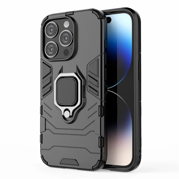 Für iPhone 15 Pro Max TPU+PC stoßfestes Telefon-Etui mit Ringhalterung und Ständer - Schwarz