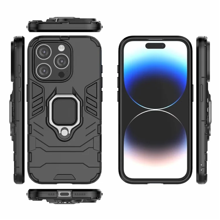 Für iPhone 15 Pro Max TPU+PC stoßfestes Telefon-Etui mit Ringhalterung und Ständer - Schwarz