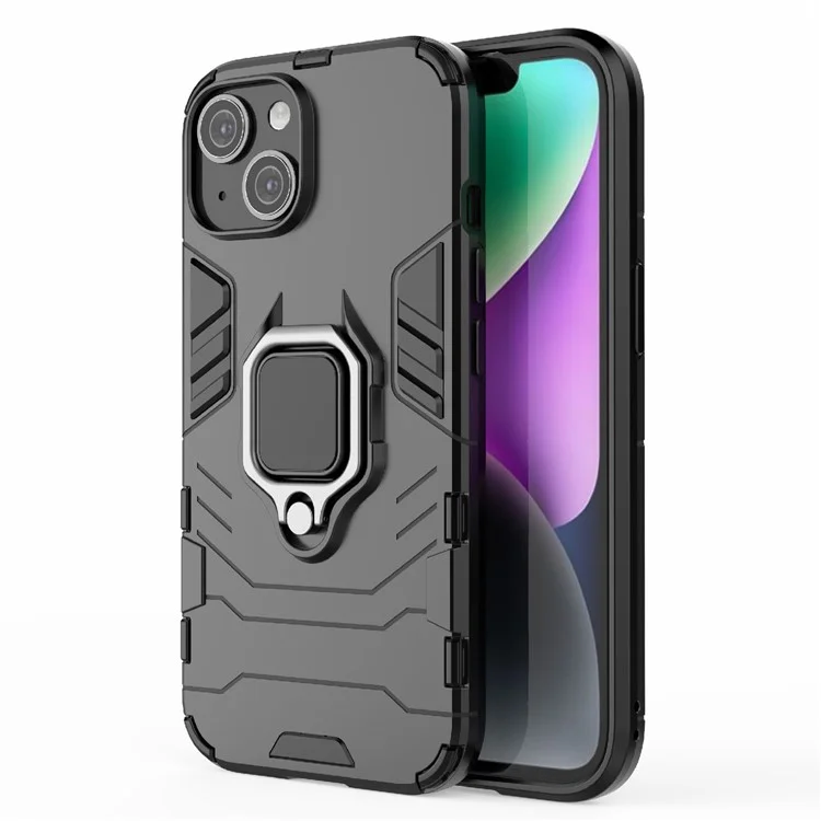 Per iPhone 15 Ring Holder Kickstand Back Cover TPU+PC Custodia Antiurto per Telefono - Nero