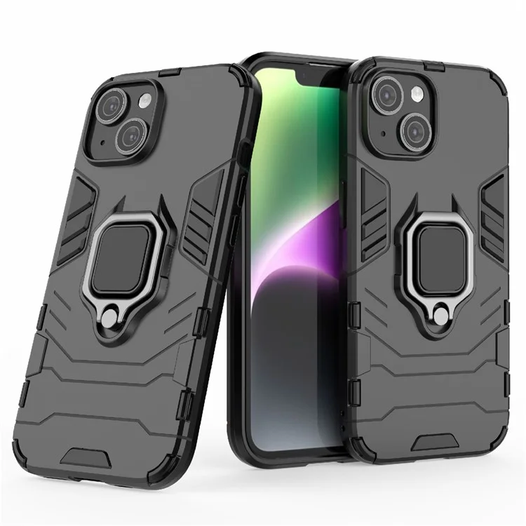 Per iPhone 15 Ring Holder Kickstand Back Cover TPU+PC Custodia Antiurto per Telefono - Nero