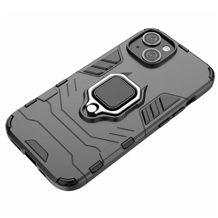 Per iPhone 15 Ring Holder Kickstand Back Cover TPU+PC Custodia Antiurto per Telefono - Nero