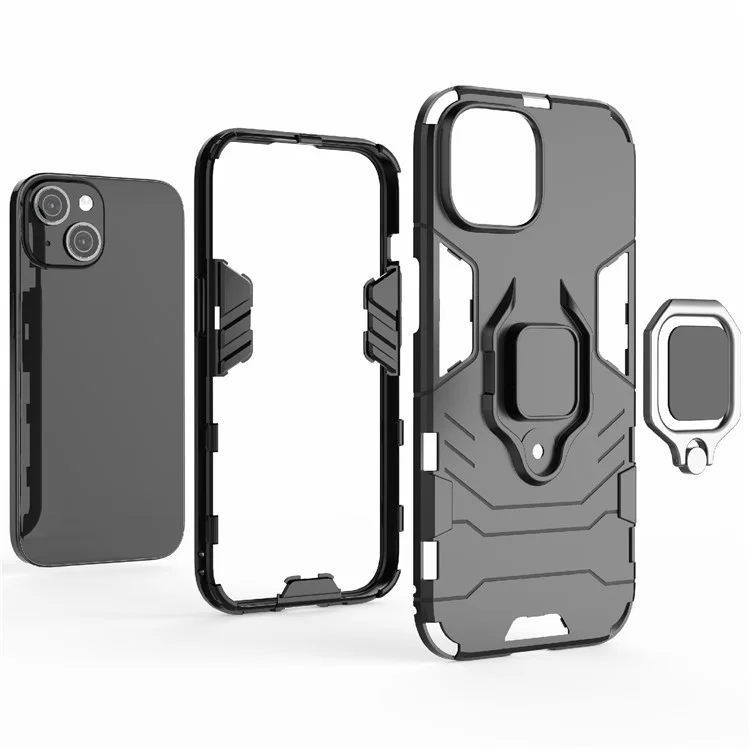 Per iPhone 15 Ring Holder Kickstand Back Cover TPU+PC Custodia Antiurto per Telefono - Nero