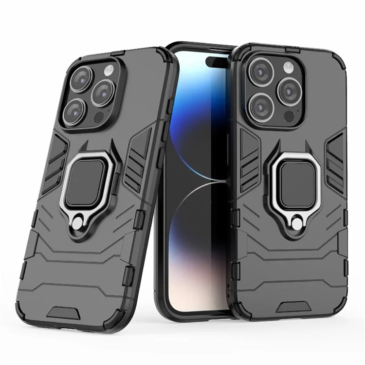 Für iPhone 15 Pro Anti-Drop-Cover TPU+PC-Handyhülle mit Ringhalter Ständer - Schwarz