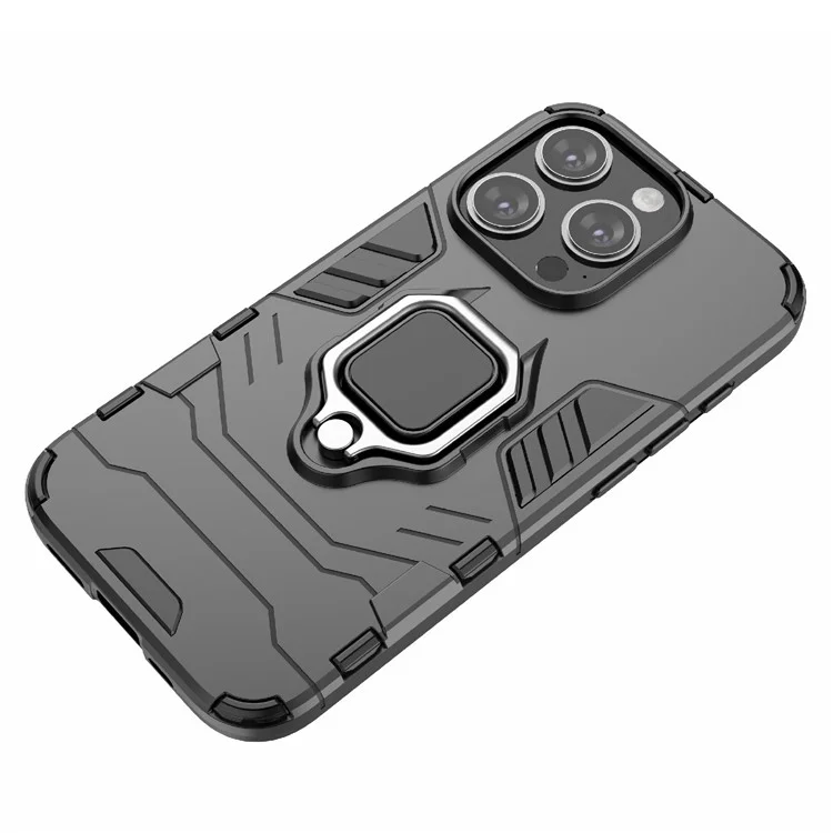 Für iPhone 15 Pro Anti-Drop-Cover TPU+PC-Handyhülle mit Ringhalter Ständer - Schwarz