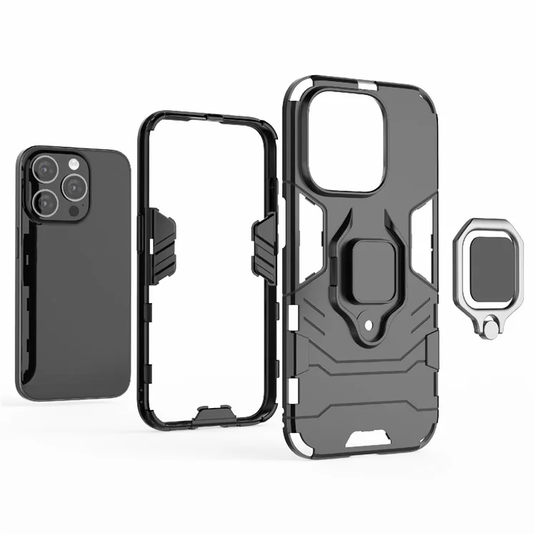 Für iPhone 15 Pro Anti-Drop-Cover TPU+PC-Handyhülle mit Ringhalter Ständer - Schwarz