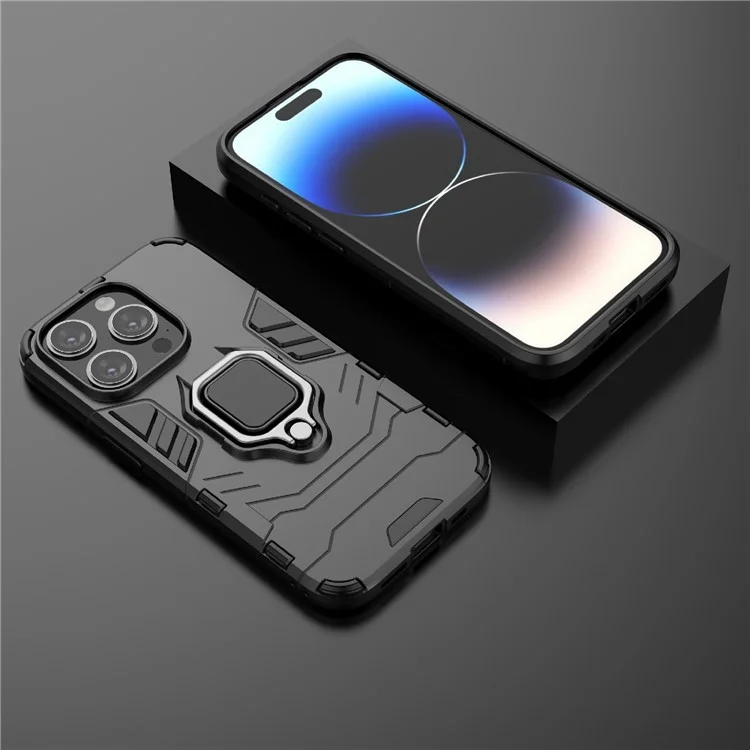 Für iPhone 15 Pro Anti-Drop-Cover TPU+PC-Handyhülle mit Ringhalter Ständer - Schwarz