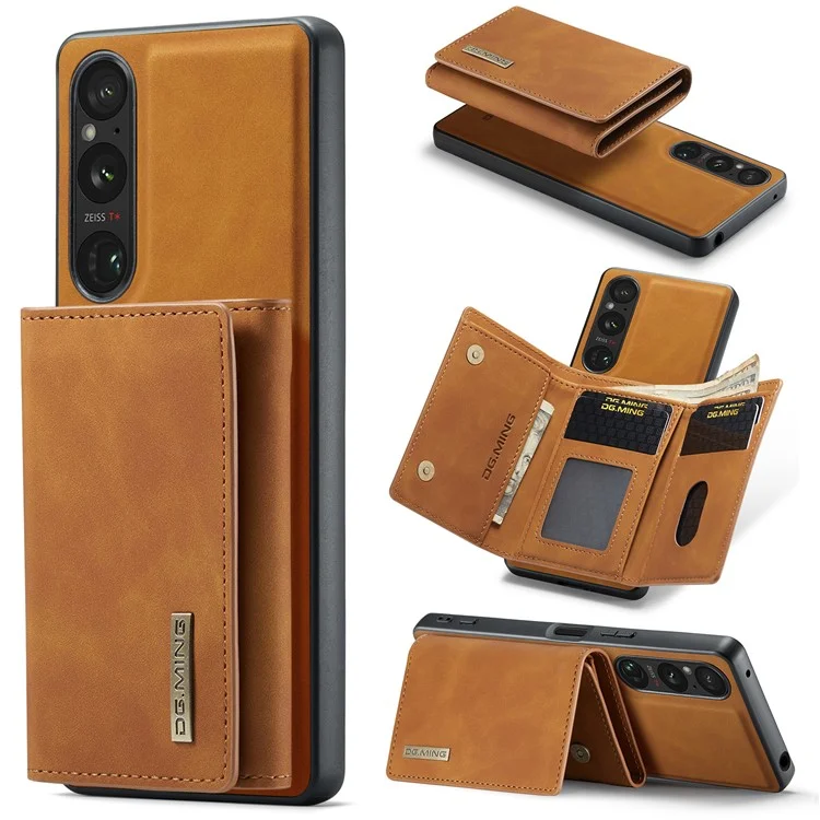 DG.MING M1 Series For Sony Xperia 1 V Magnetic Wallet Phone Case Anti-Drop Kickstand PC+TPU+PU Phone Cover - Brown
