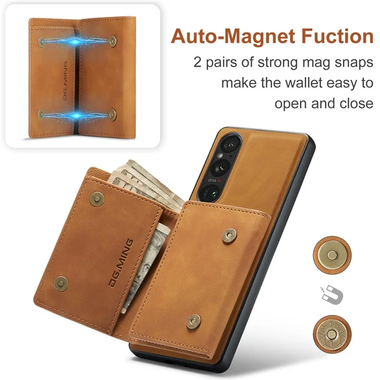 DG.MING M1 Series For Sony Xperia 1 V Magnetic Wallet Phone Case Anti-Drop Kickstand PC+TPU+PU Phone Cover - Brown