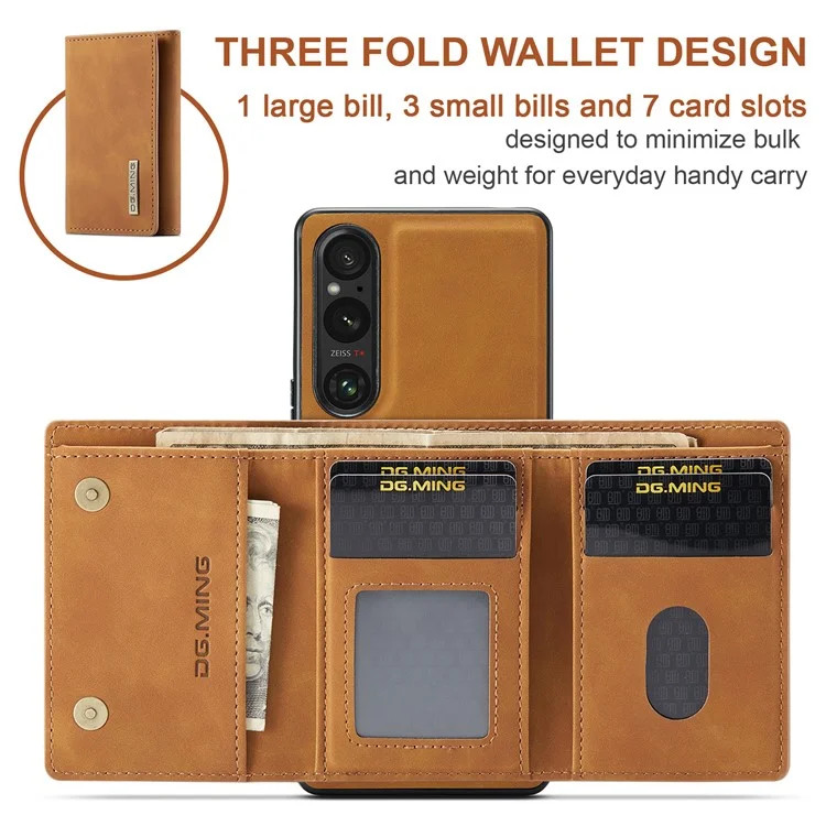 DG.MING M1 Series For Sony Xperia 1 V Magnetic Wallet Phone Case Anti-Drop Kickstand PC+TPU+PU Phone Cover - Brown