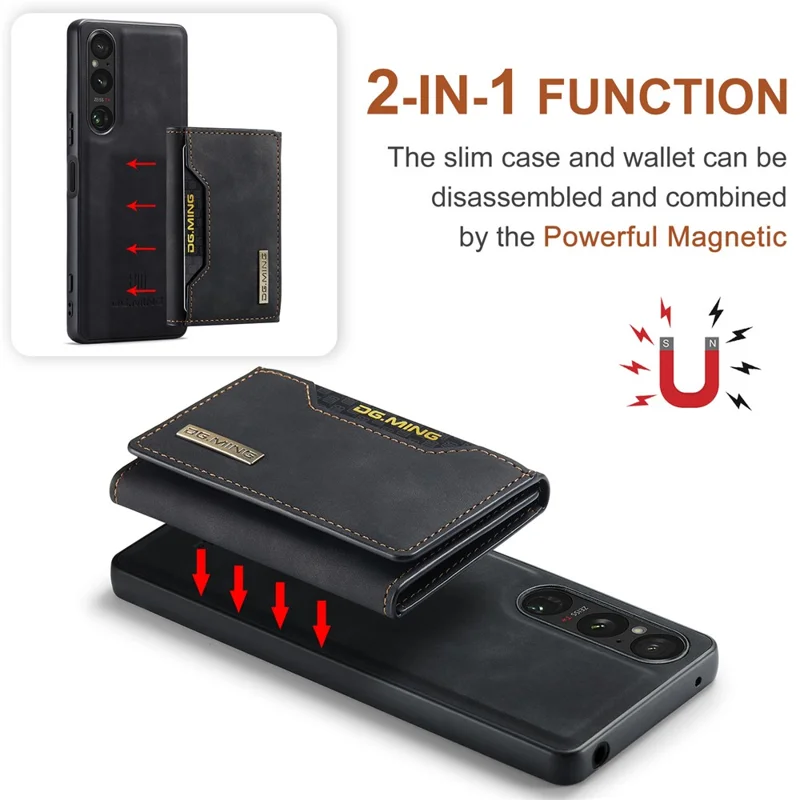 DG.MING M2 Series for Sony Xperia 1 V Magnetic Wallet Phone Case PU+PC+TPU Kickstand Phone Cover - Black