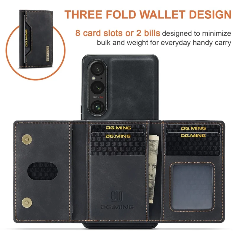 DG.MING M2 Series for Sony Xperia 1 V Magnetic Wallet Phone Case PU+PC+TPU Kickstand Phone Cover - Black
