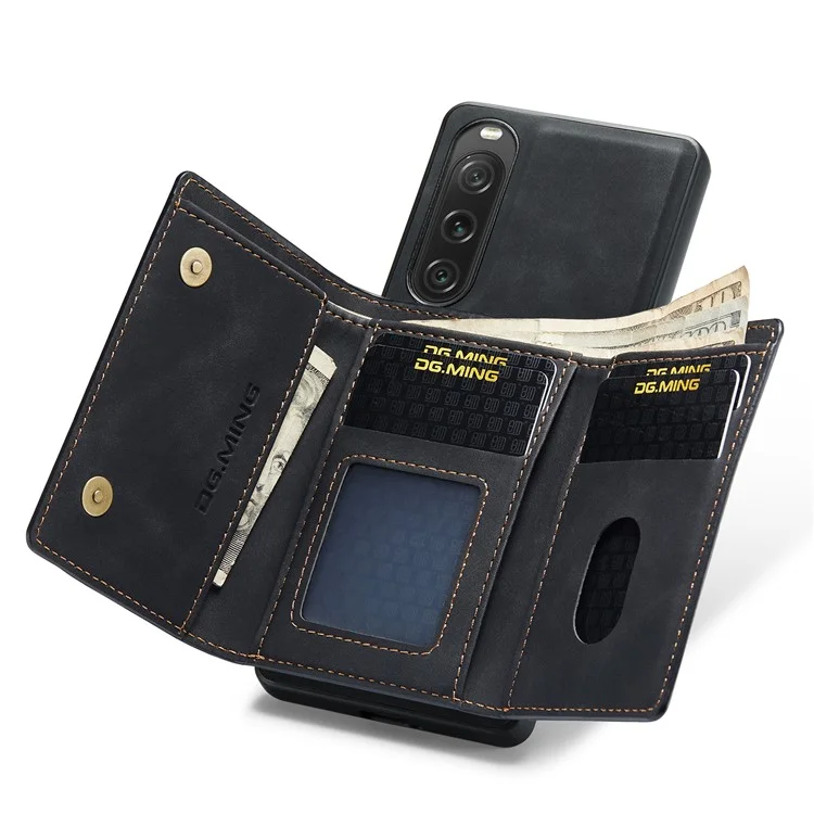 DG.MING M1 Series Anti-Drop Kickstand Case for Sony Xperia 10 V PC+TPU+PU Magnetic Wallet Phone Cover - Black
