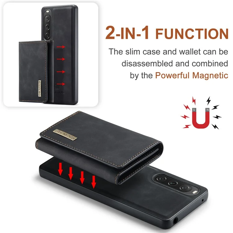 DG.MING M1 Series Anti-Drop Kickstand Case for Sony Xperia 10 V PC+TPU+PU Magnetic Wallet Phone Cover - Black