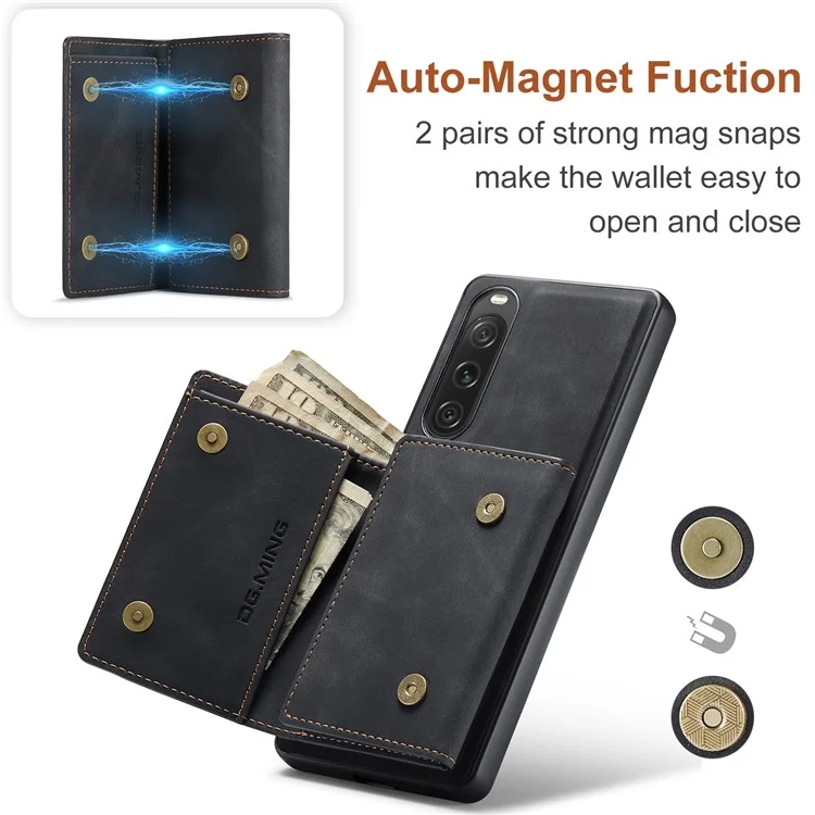 DG.MING M1 Series Anti-Drop Kickstand Case for Sony Xperia 10 V PC+TPU+PU Magnetic Wallet Phone Cover - Black