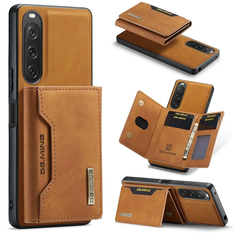 DG.MING Serie M2 para Sony Xperia 10 V Funda a prueba de golpes con soporte Funda de PU+PC+TPU con cartera magnética - Marrón