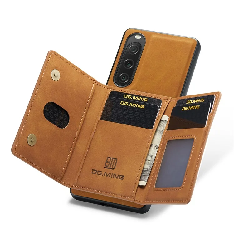 DG.MING Serie M2 para Sony Xperia 10 V Funda a prueba de golpes con soporte Funda de PU+PC+TPU con cartera magnética - Marrón
