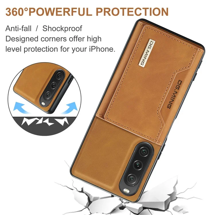 DG.MING Serie M2 para Sony Xperia 10 V Funda a prueba de golpes con soporte Funda de PU+PC+TPU con cartera magnética - Marrón