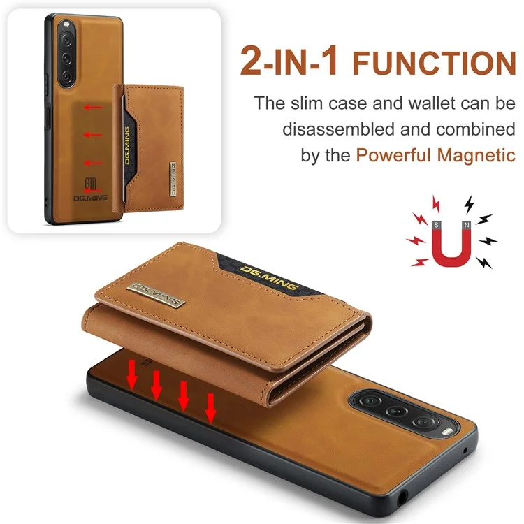 DG.MING Serie M2 para Sony Xperia 10 V Funda a prueba de golpes con soporte Funda de PU+PC+TPU con cartera magnética - Marrón