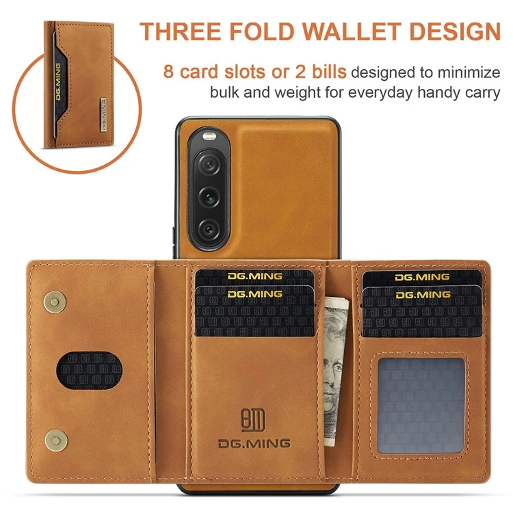 DG.MING Serie M2 para Sony Xperia 10 V Funda a prueba de golpes con soporte Funda de PU+PC+TPU con cartera magnética - Marrón