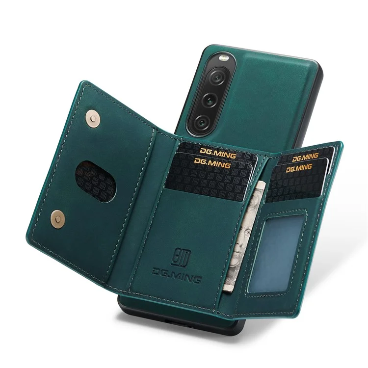DG.MING M2 Series for Sony Xperia 10 V Shockproof Kickstand Case PU+PC+TPU Cover with Magnetic Wallet - Green
