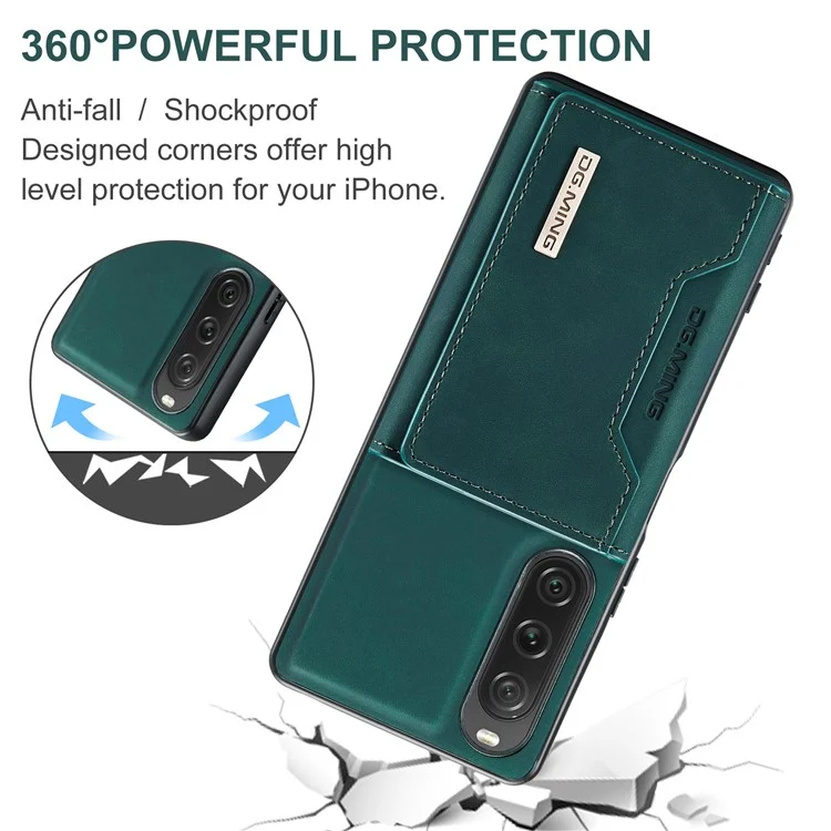 DG.MING M2 Series for Sony Xperia 10 V Shockproof Kickstand Case PU+PC+TPU Cover with Magnetic Wallet - Green