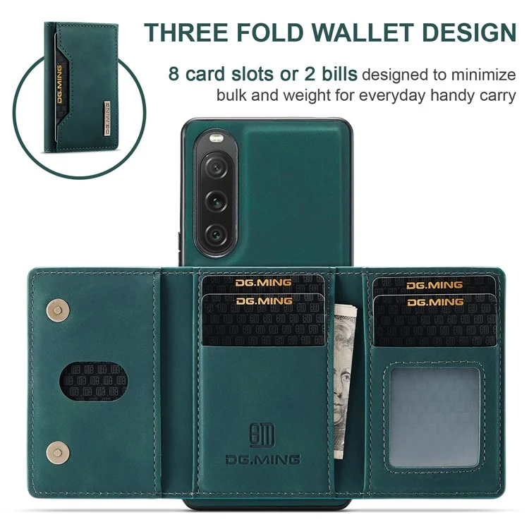 DG.MING M2 Series for Sony Xperia 10 V Shockproof Kickstand Case PU+PC+TPU Cover with Magnetic Wallet - Green