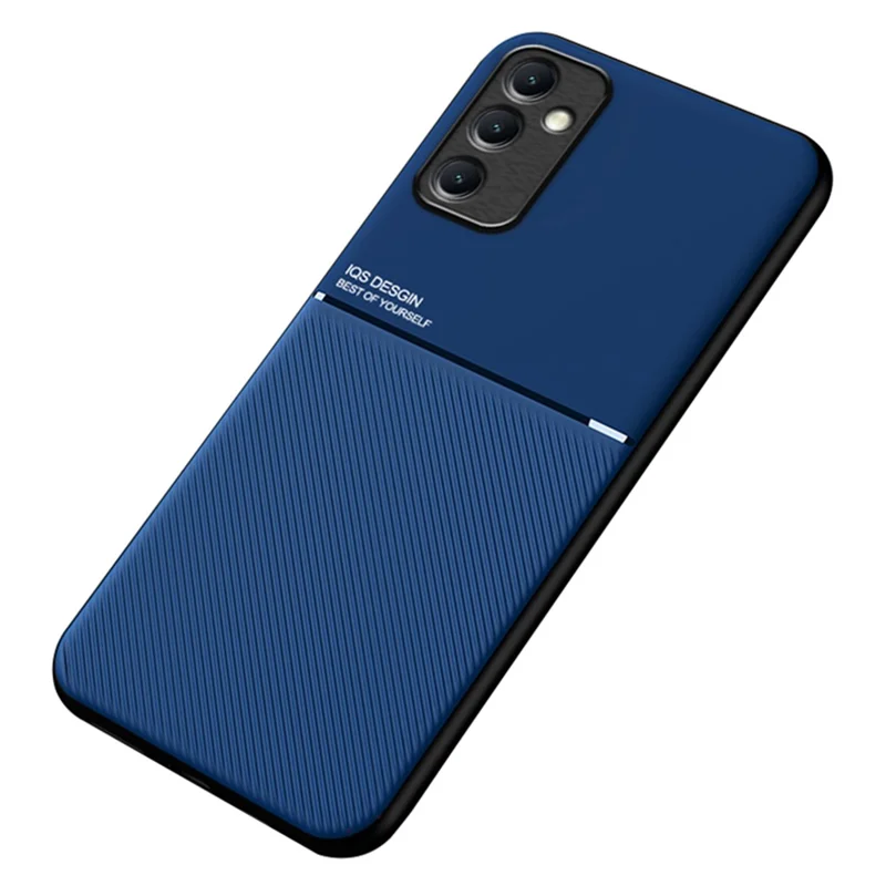 For Samsung Galaxy M14 5G Phone Case Lines Imprinted Leather+TPU Cover Support Magnetic Car Mount - Blue