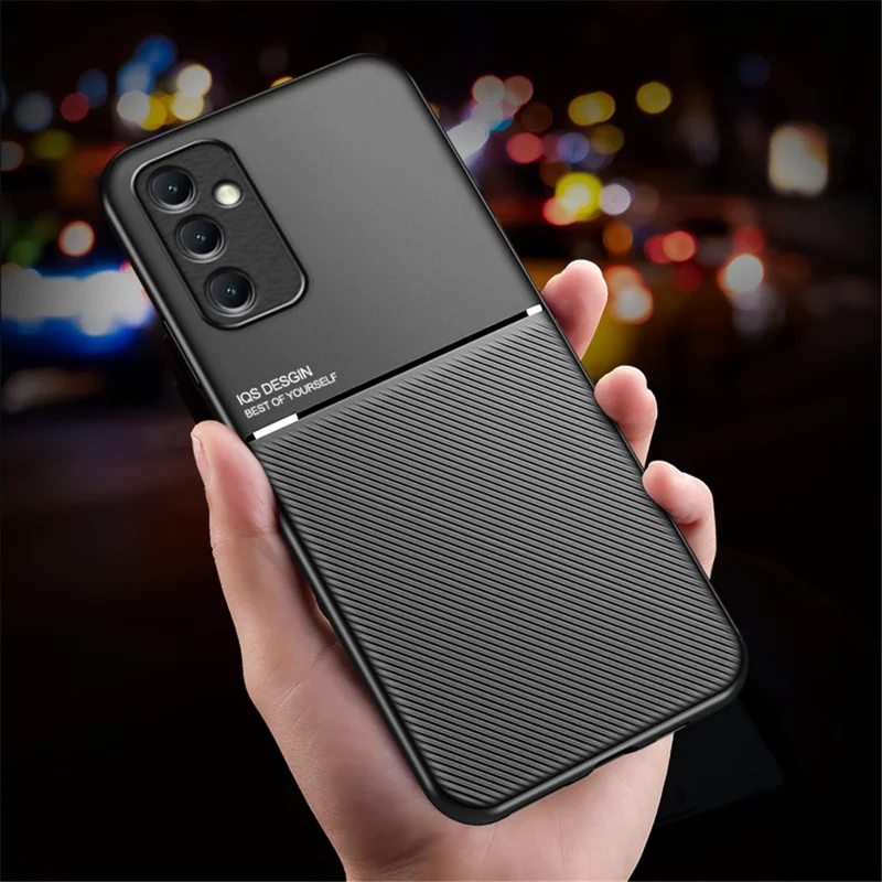 For Samsung Galaxy M14 5G Phone Case Lines Imprinted Leather+TPU Cover Support Magnetic Car Mount - Blue