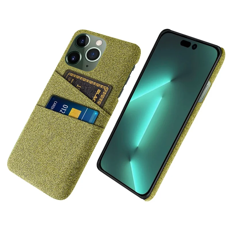Dual Card Holder Phone Case for iPhone 15 Pro Max Hard PC + Cloth Anti-scratch Phone Cover - Yellow