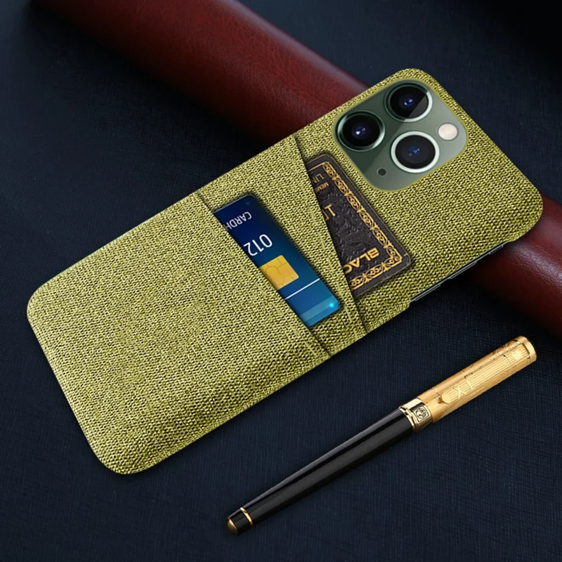 Dual Card Holder Phone Case for iPhone 15 Pro Max Hard PC + Cloth Anti-scratch Phone Cover - Yellow