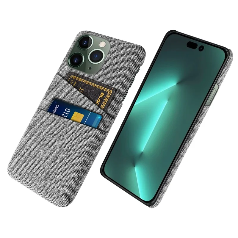 Dual Card Holder Phone Case for iPhone 15 Pro Max Hard PC + Cloth Anti-scratch Phone Cover - Light Grey