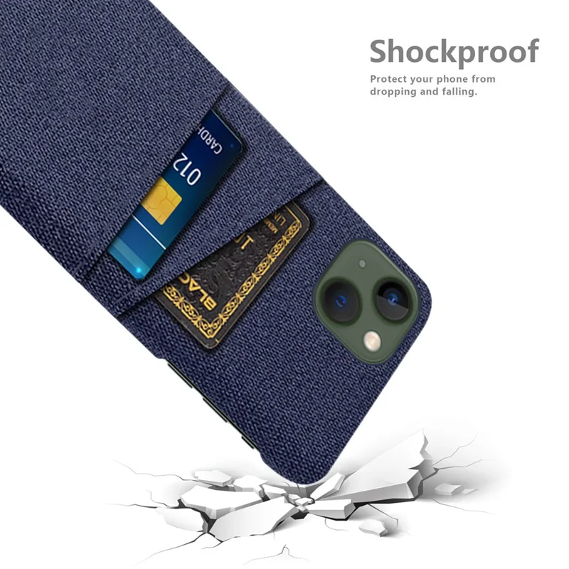 Slim Phone Case for iPhone 15 Plus Hard PC + Cloth Anti-Drop Phone Cover with Dual Card Holder - Blue