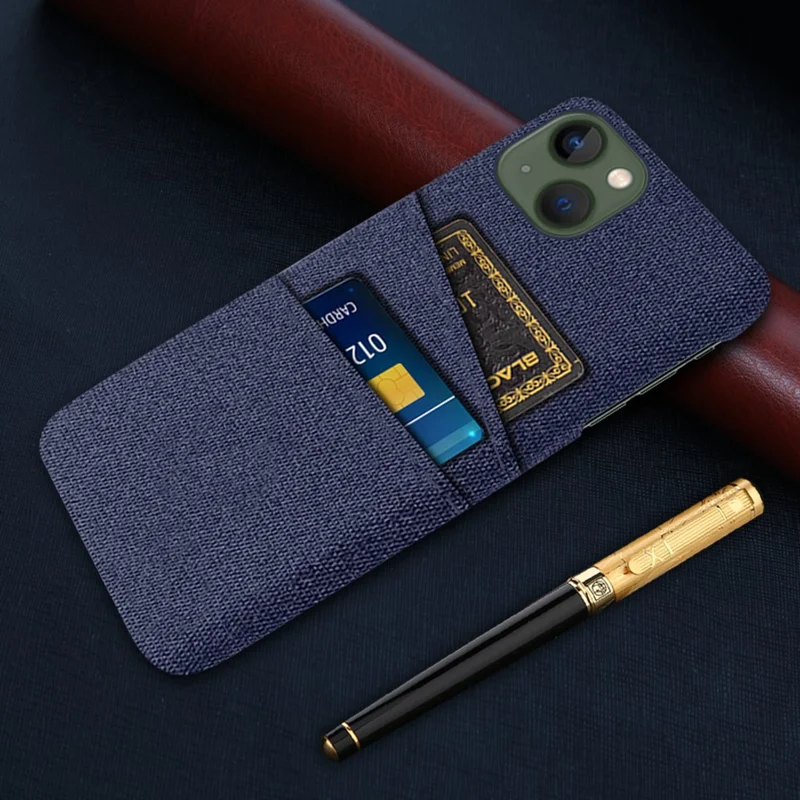 Slim Phone Case for iPhone 15 Plus Hard PC + Cloth Anti-Drop Phone Cover with Dual Card Holder - Blue