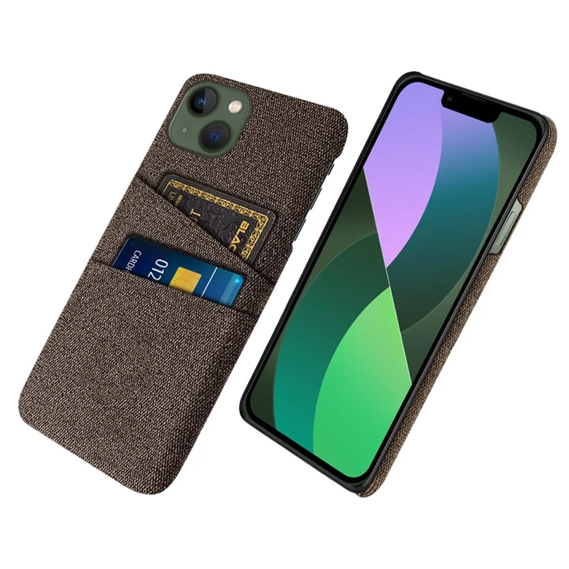 Slim Phone Case for iPhone 15 Plus Hard PC + Cloth Anti-Drop Phone Cover with Dual Card Holder - Brown