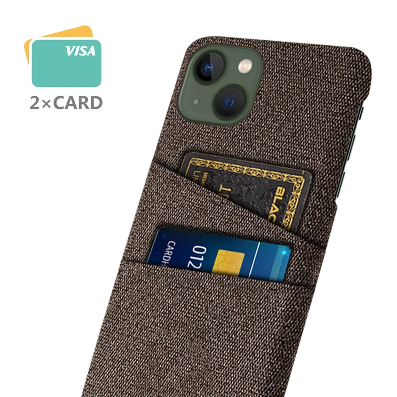 Slim Phone Case for iPhone 15 Plus Hard PC + Cloth Anti-Drop Phone Cover with Dual Card Holder - Brown