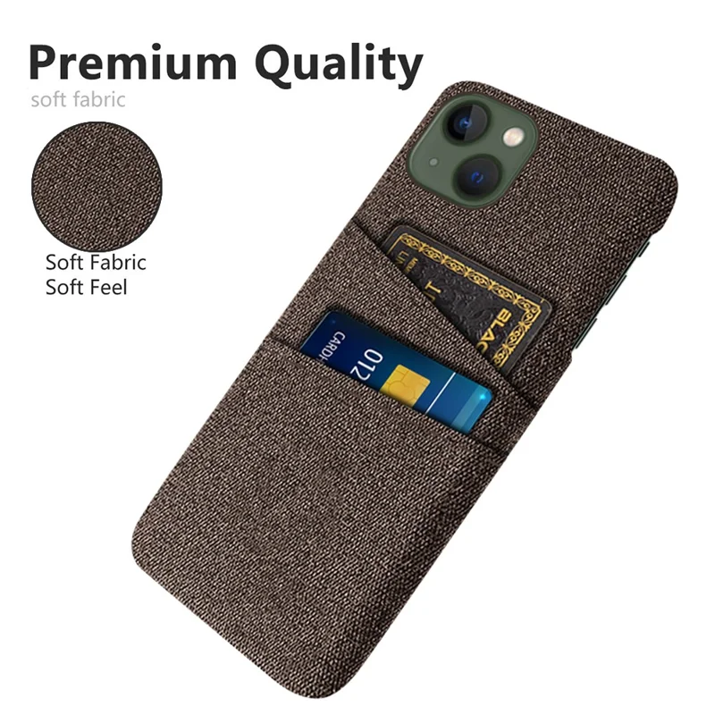 Slim Phone Case for iPhone 15 Plus Hard PC + Cloth Anti-Drop Phone Cover with Dual Card Holder - Brown