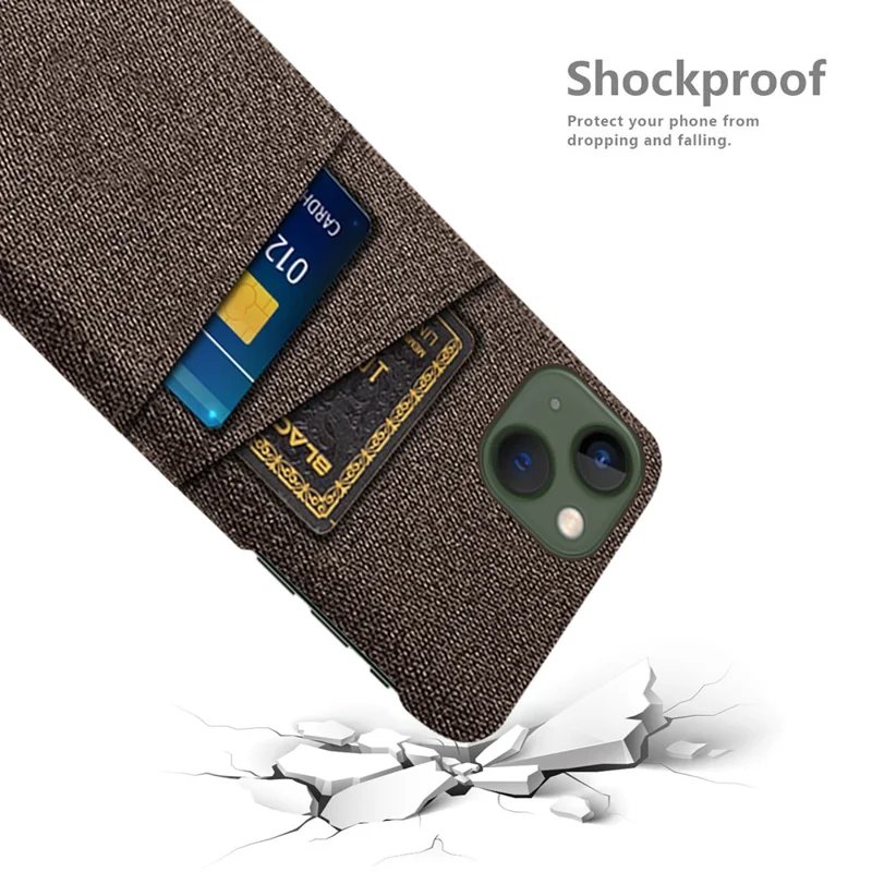 Slim Phone Case for iPhone 15 Plus Hard PC + Cloth Anti-Drop Phone Cover with Dual Card Holder - Brown