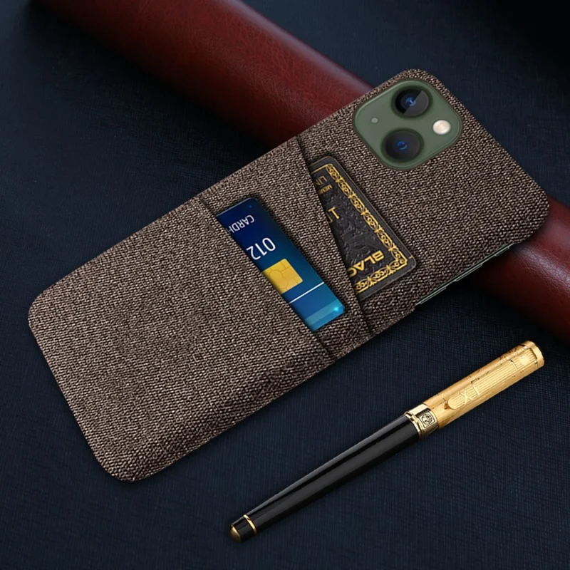 Slim Phone Case for iPhone 15 Plus Hard PC + Cloth Anti-Drop Phone Cover with Dual Card Holder - Brown