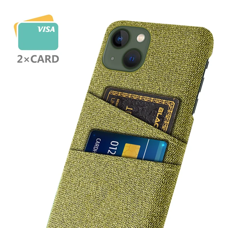 Hard PC + Cloth Phone Case for iPhone 15 Shockproof Dual Card Holder Phone Cover - Yellow