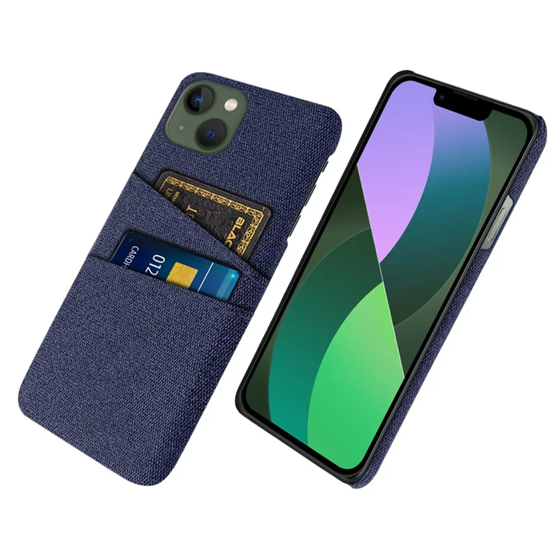 Hard PC + Cloth Phone Case for iPhone 15 Shockproof Dual Card Holder Phone Cover - Blue