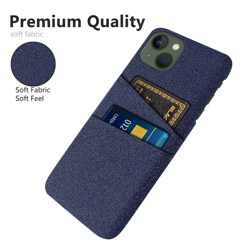 Hard PC + Cloth Phone Case for iPhone 15 Shockproof Dual Card Holder Phone Cover - Blue