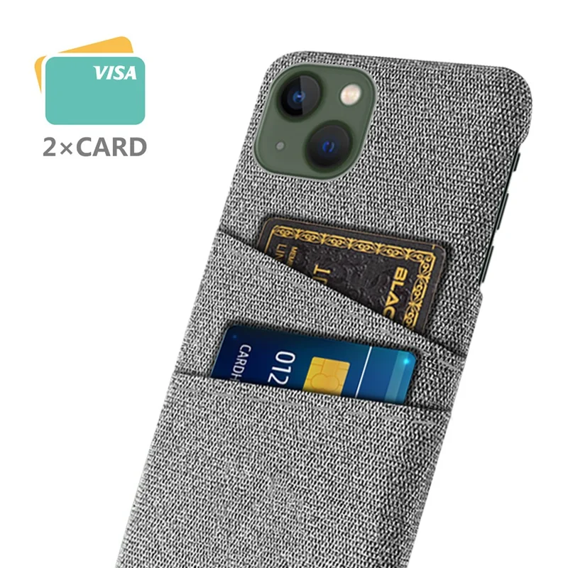 Hard PC + Cloth Phone Case for iPhone 15 Shockproof Dual Card Holder Phone Cover - Light Grey