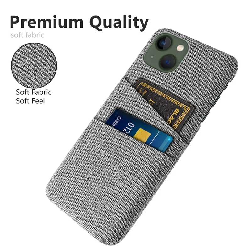 Hard PC + Cloth Phone Case for iPhone 15 Shockproof Dual Card Holder Phone Cover - Light Grey